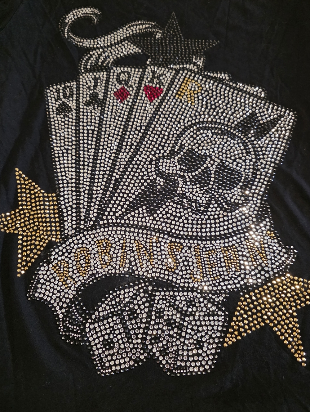 Black Short Sleeve Tee with Studded Skull & Card Motif